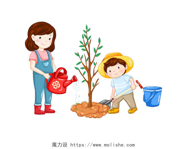彩色手绘卡通人物儿童种植种树植树节元素PNG素材